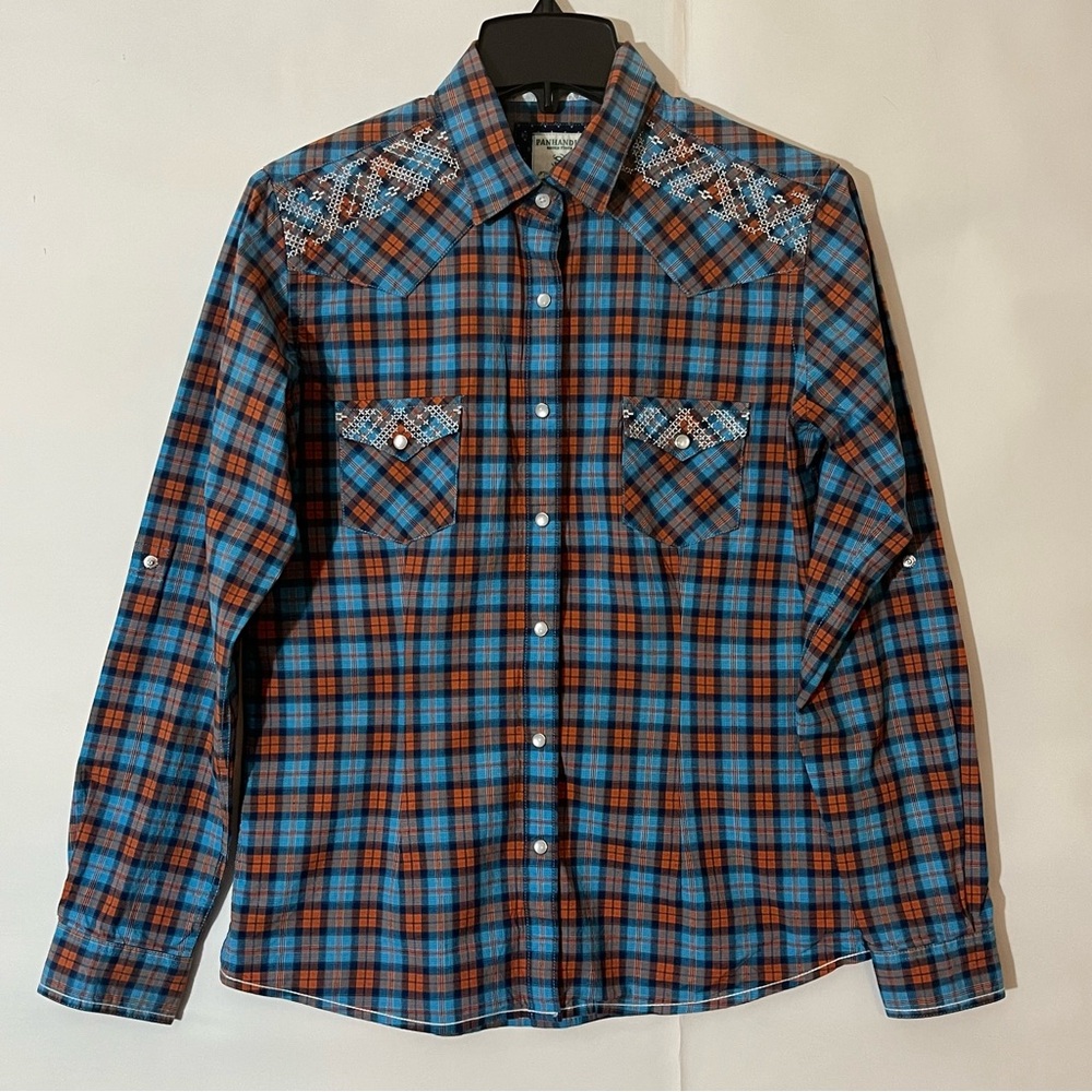 Women’s Panhandle plaid Blue and Brown Casual Western Button Down Shirt Size S